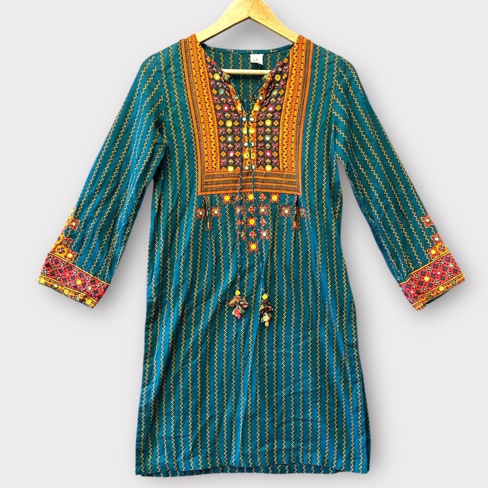 Karigari Teal Blue Embroidered Mirror Work Tunic Kurti Dress with Tassels S
